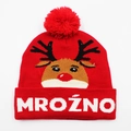Red Christmas knit hat with reindeer pattern, red pom-pom, and MROŹNO text detail - Hat Style 32 (Red Reindeer MROŹNO)