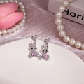Boucles d'oreilles lapin en argent avec cristal rose en forme de cœur et diamants - Lapin Coeur Rose