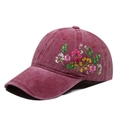 Vintage burgundy washed cotton baseball cap with intricate floral embroidery on the side - One Size / Wine Red (Flower Style 1)