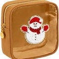 Brown chenille snowman embroidery makeup bag with clear window and gold zipper - Brown (Snowman)