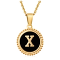 Golden stainless steel necklace featuring a round black enamel pendant with letter X - Gold X (With Chain)