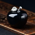 Gepolijst zwart kristallen appelornament met fonkelende zilveren strass-blad detail - Obsidiaan Appel / 4.5*4.2cm