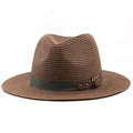 Detailed view of brown woven fedora hat with a gray ribbon and leather buckle detail - Coffee
