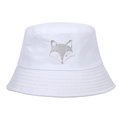 White cotton bucket hat with silver-grey fox head embroidery on a clean white background - Adjustable / White