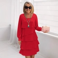 Elegante abito rosso a strati a maniche lunghe da donna con un girocollo minimalista - Taglia S / Rosso