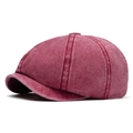 Vintage washed cotton newsboy cap in deep wine red featuring six-panel stitching design - Adjustable / Red
