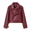 Women's burgundy faux leather biker jacket with broad collar and belted waist hem - S / Red