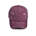 Distressed dark purple washed cotton baseball cap with ripped holes and curved brim - 56-60cm (Adjustable) / Burgundy