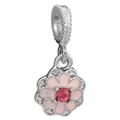 Pink enamel flower charm with red gemstone and silver metal loop for DIY bracelets - Pink Petal Red Gemstone Charm (038)