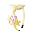 Detail view of colorful sequin mermaid tail and starfish on kids' yellow headband accessory. - Yellow