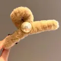 Plush camel hair claw clip featuring a large white pearl accent for thick hair - Milk Tea Large White Pearl Plush Claw Clip 11cm