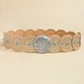 Ceinture en cuir marron clair avec incrustations de turquoise et disques en métal - Argent Or Clair