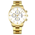 Men's business quartz watch with gold stainless steel strap and triple sub-dials - Steel Gold Case White Gold Face