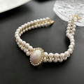 Double-layer Baroque pearl choker necklace with gold-tone crystal oval pendant - 475#XK Faux Pearl Choker Necklace