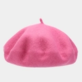 Detailed texture of thick rose pink wool beret with a classic small stem top design - Peach Pink