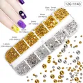 Set nail art da 12 griglie con perle oro e argento e strass colorati AB - Mezze Perle Rotonde Oro e Argento (12G-1143)
