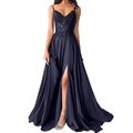 Elegant navy blue lace evening dress with sequins, spaghetti straps, and high slit - S (US 2) / Navy Blue