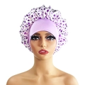 Wide-band purple star print satin bonnet for hair protection during sleep - 10874 White Purple Star