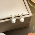 Elegant gold earrings with X-shaped rhinestones and round white pearls in a jewelry box - #6 Micro-painted X-shaped Pearl Stud Earrings