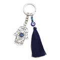 Detail of silver Hamsa Hand and Evil Eye charm with elegant dark blue tassel - Hamsa Hand