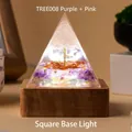 Orgone tree of life pyramid with purple and pink crystal gravel on square wooden LED base - Tree008+6cm Square Lamp Base