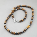 Men's beaded necklace with tiger eye and hematite stones featuring a metal toggle clasp - Yellow Tiger Eye