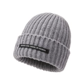 Grey knit beanie with wide ribbed cuff and black rectangular textile label - One Size / Gray