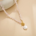 Pink crushed stone beaded necklace with white baroque pearl and gold OT buckle clasp - Pink