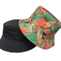 Reversible bucket hat featuring a solid black minimalist side and a vibrant floral print - 23 (Tropical Leaf Print + Black)