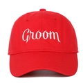 Red baseball cap with white embroidered Groom text for wedding party celebrations - Groom (GROOM) / Red