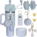 White Stanley cup 8-piece set with white glitter bow, diamond straw cap and pompom - White