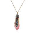 Macro detail of natural crystal pendant with golden chain and colorful rhinestone accents - Yellow-Pink