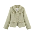 Chaqueta de tweed verde con solapas, botones de perlas y cuatro bolsillos en fondo blanco - S / Verde amarillento