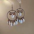 Bohemian rattan drop earrings with white shells and brown beads on bronze metal frames - 16# Ear Hook - Gold - Conch