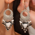 Bohemian silver alloy drop earrings with black and white beaded fringe tassels - Antique Silver 11286