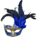 Maschera per travestimento con piume blu e oro, trama screpolata e bordi dorati - Piuma di Gallo Blu