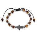 Bracciale da uomo con perline occhio di tigre, croce in acciaio e cordino intrecciato - Bracciale Croce Occhio di Tigre Ematite