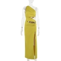 Dettaglio dell'abito in maglia verde lime con taglio in vita e spacco laterale sulla gonna - XS / Verde limone