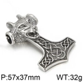 Silver vintage wolf head pendant with Nordic hammer and knot pattern details - Retro Wolf Head Thor's Hammer Style (KP53893-BD)