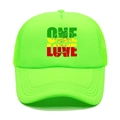 Detail of neon green trucker hat featuring breathable mesh and One Love Rasta print - M (56-58cm) / Fluorescent Green