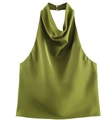 Detail of olive green satin halter top showing button closure at the neckline - XS / Olive Green