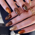 Almond-shaped brown press-on nails with butterfly texture and golden cat-eye effect - K071【30pcs】 / Boxed (jelly Gel + Granules)