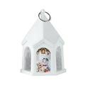 White house shaped Christmas lantern with festive snowman illustration and silver hanging ring - White Snowman
