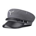 Détail de la casquette militaire avec emblème tête de taureau et visière en cuir - M (56-58cm) / Gris Avec Tête de Taureau