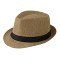 Detail of classic straw fedora hat featuring a breathable weave and black ribbon band - Adult Size (58cm) / Khaki with Black Ribbon