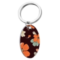 Stainless steel flower keychain with oval floral pendant on polished metal ring - Orange Green Floral