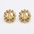 Golden round San Judas stud earrings with colorful zircon stones and hollow design - Style D Round Multicolor Zircon Saint Jude