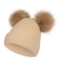Bonnet en tricot beige pour hiver avec deux pompons marrons et texture côtelée douce - M/Adulte / Beige