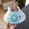 Kids light blue sun visor hat featuring a built-in electric fan and cute bear decoration - Rechargeable Fan Style / Ice Silk Animal Fan-Blue Bear