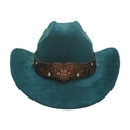Peacock blue faux suede cowboy hat featuring a leather band with rhinestone heart buckle - One Size / Dark Green (Big Heart)